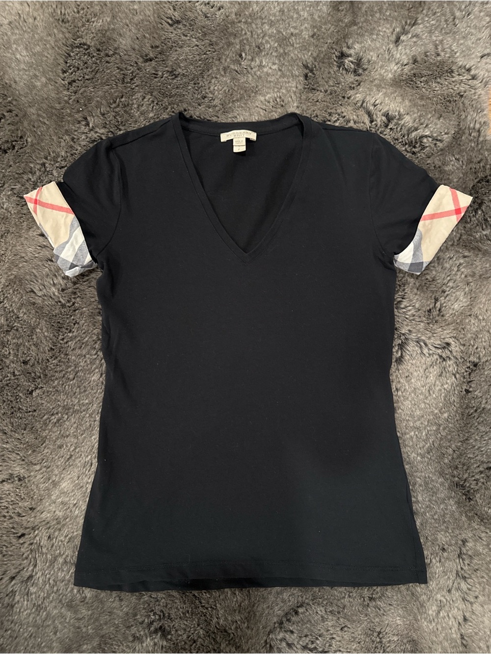 Women’s Burberry Black V-Neck Top with Signature Check Sleeve Accents